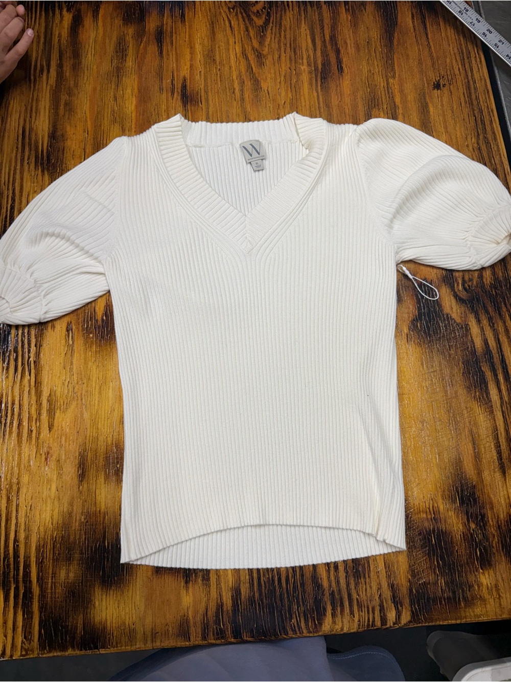 Worthington Cream Ribbed V-Neck Puff Sleeve Sweater